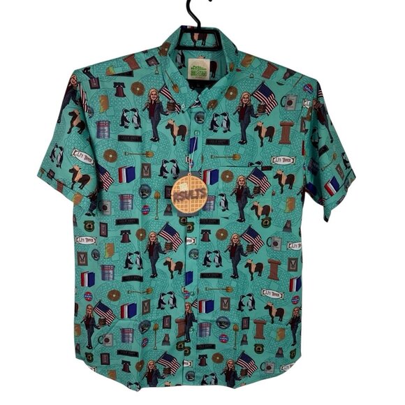 Parks and Rec RSVLTS XL Leslie Knope Button Down SS Shirt Teal Green NWT Stretch - Picture 1 of 15